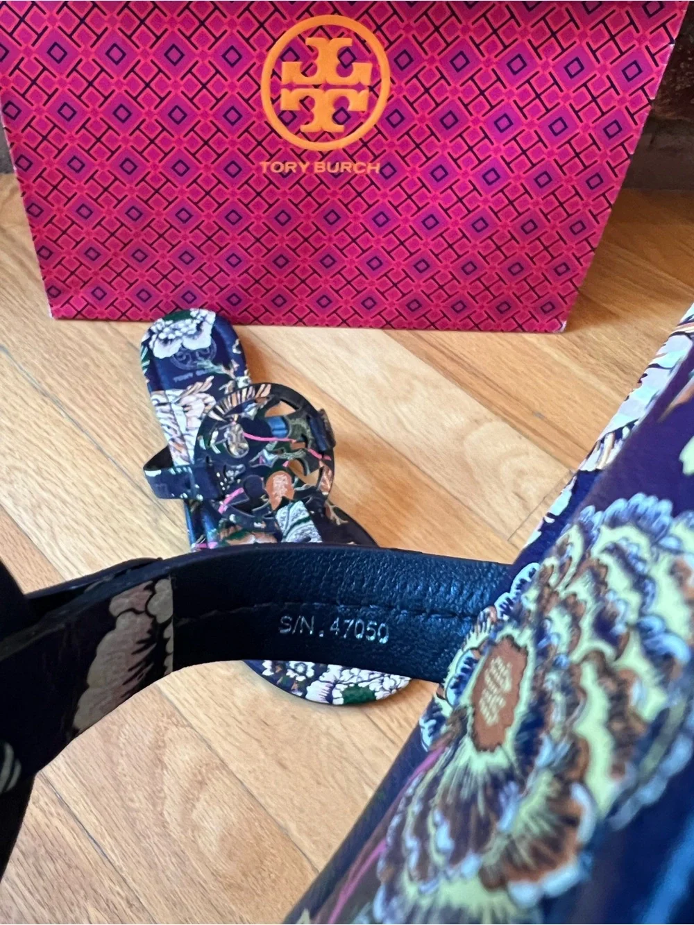 Tory Burch Happy Times Navy Floral Printed Tumbled Leather Miller Sandals